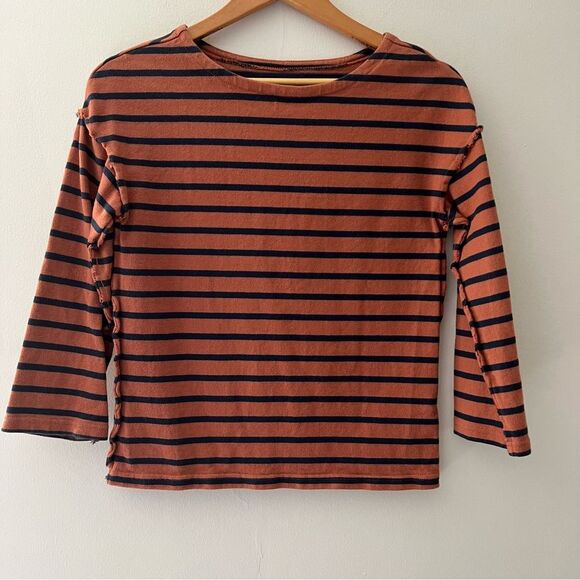 Madewell Striped Tee Breton StripeLong Sleeve TShirt Casler Stripe Rust/Navy XXS - Picture 1 of 6